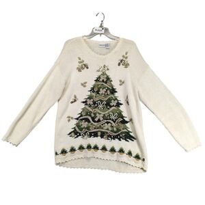 Vtg Carolina Colours Cream Holiday Sweater Womens L Christmas Tree Embellished